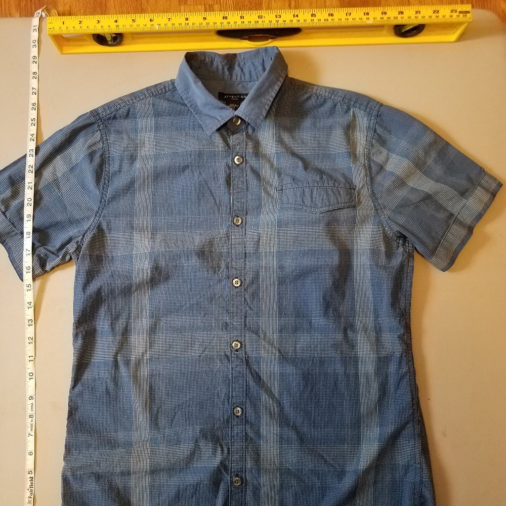 Attention Mens Medium Blue Checkered Plaid  Button
